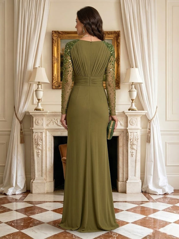 Mermaid Boat Neck Long Sleeves Mother of the Bride Dresses with Slit