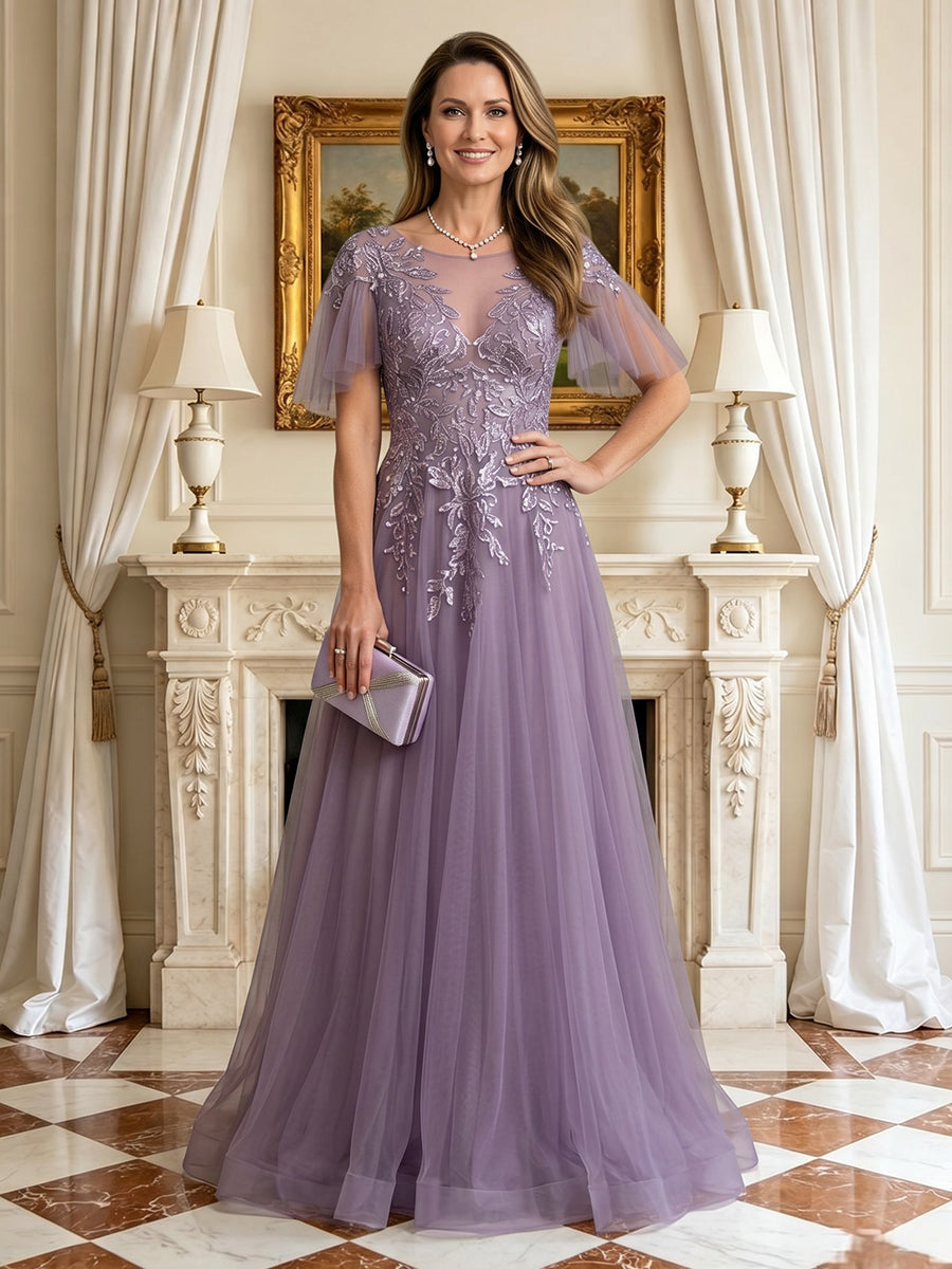 A Line Round Neck Flutter Sleeves Mother of the Bride Dresses
