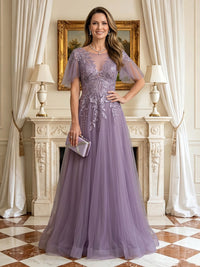 A Line Round Neck Flutter Sleeves Mother of the Bride Dresses