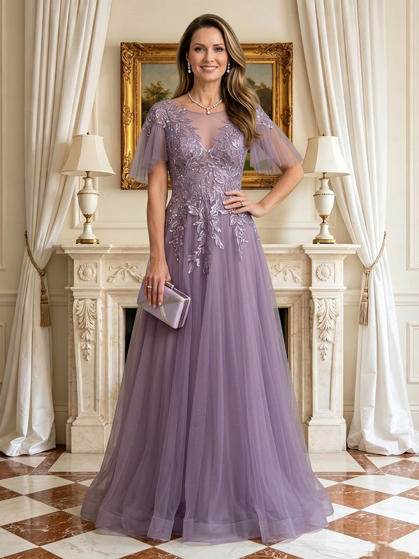 A Line Round Neck Flutter Sleeves Mother of the Bride Dresses