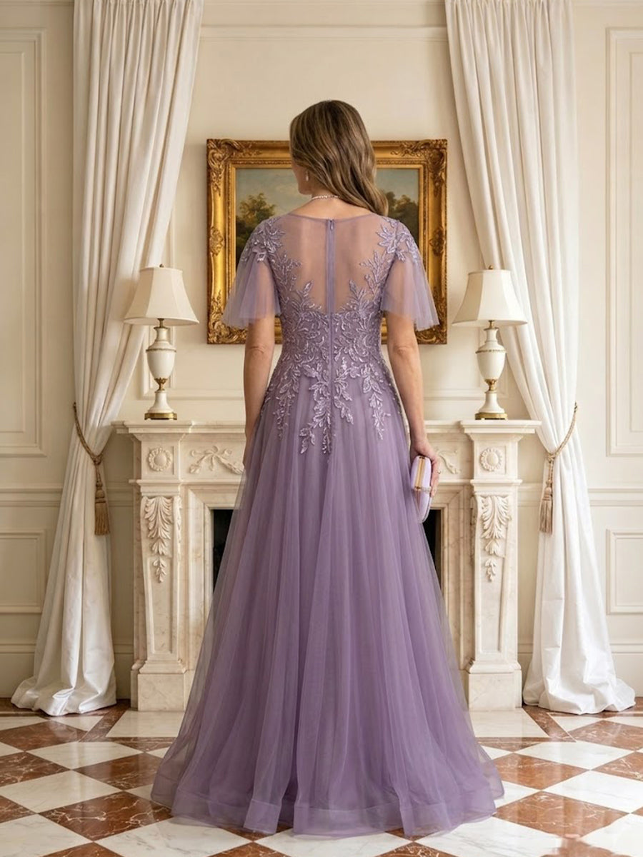 A Line Round Neck Flutter Sleeves Mother of the Bride Dresses