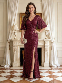Mermaid V Neck Short Sleeves Mother of the Bride Dresses with Slit
