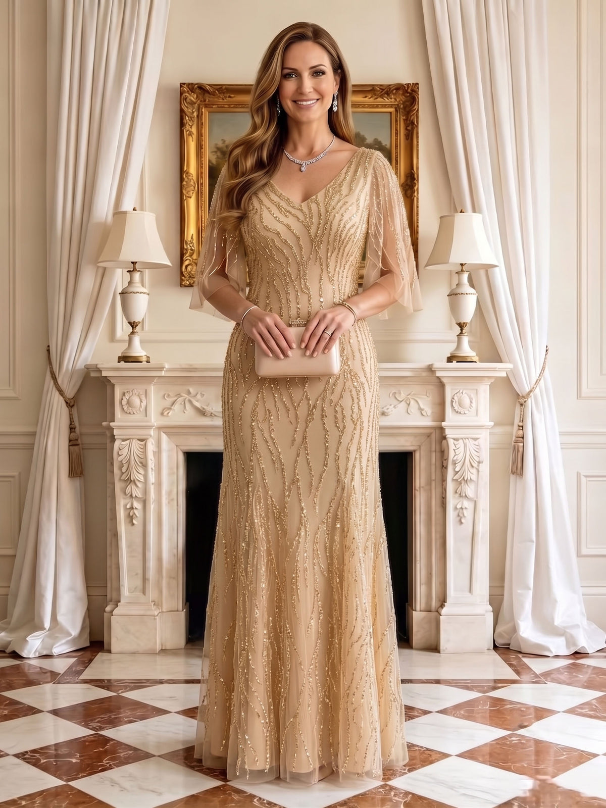 Sequin Mermaid V Neck Half Sleeves Mother of the Bride Dresses