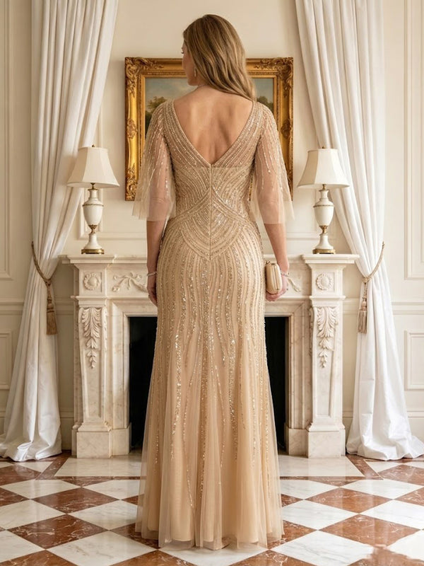 Sequin Mermaid V Neck Half Sleeves Mother of the Bride Dresses