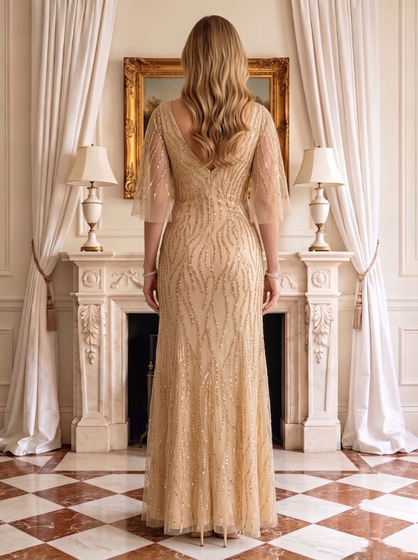 Sequin Mermaid V Neck Half Sleeves Mother of the Bride Dresses
