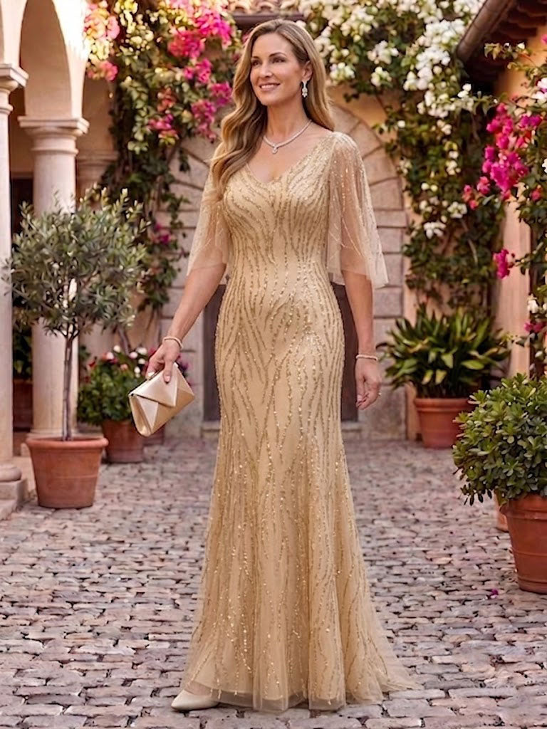 Sequin Mermaid V Neck Half Sleeves Mother of the Bride Dresses
