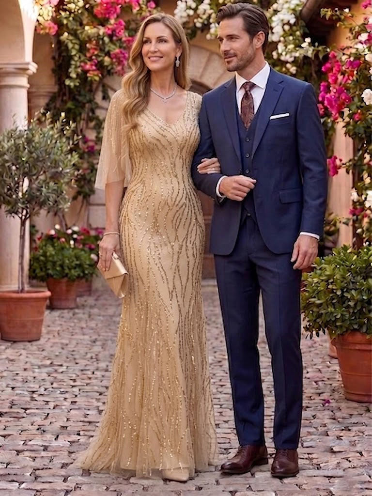 Sequin Mermaid V Neck Half Sleeves Mother of the Bride Dresses
