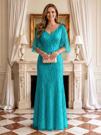 Sequin Mermaid V Neck Half Sleeves Mother of the Bride Dresses