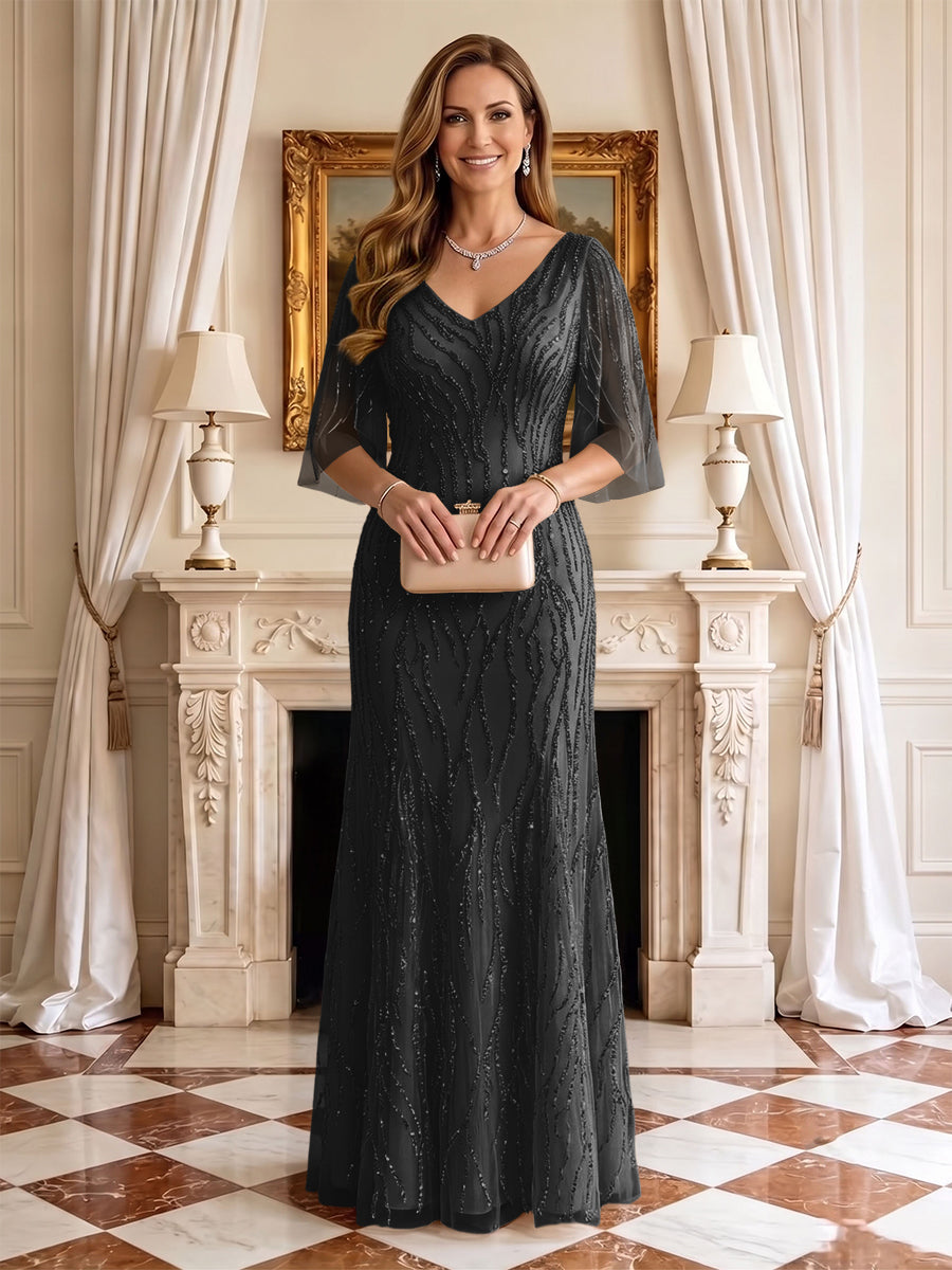 Sequin Mermaid V Neck Half Sleeves Mother of the Bride Dresses