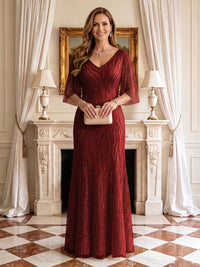 Sequin Mermaid V Neck Half Sleeves Mother of the Bride Dresses