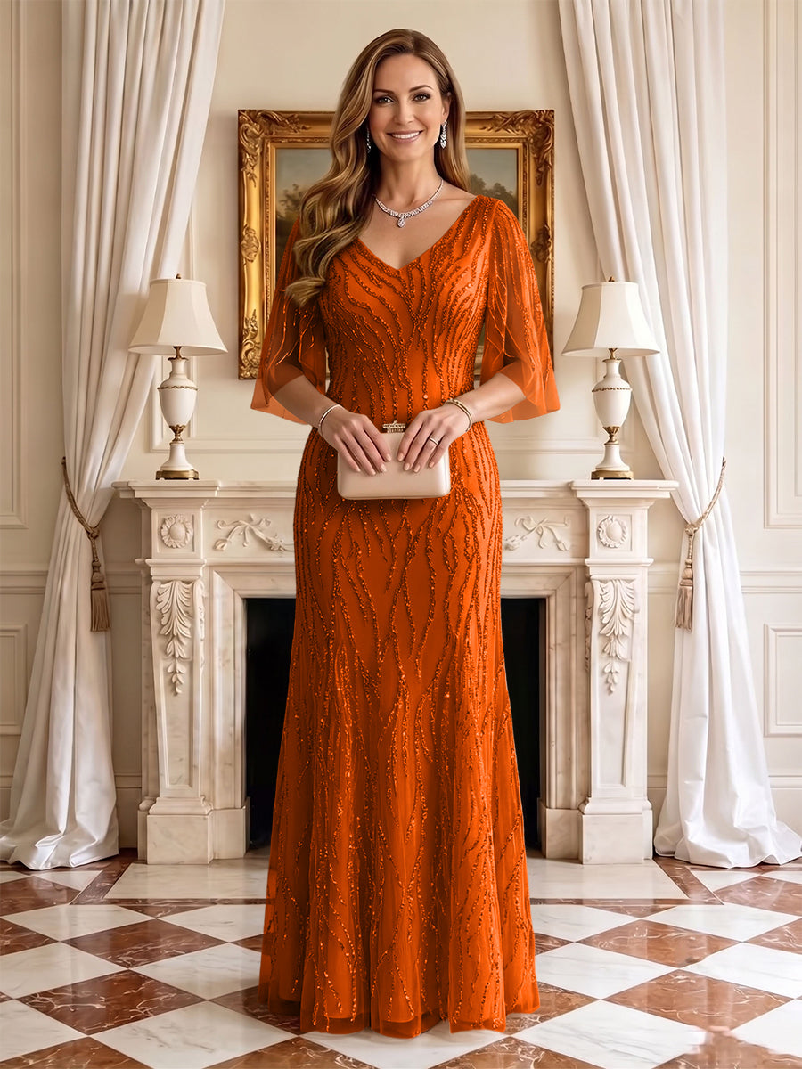 Sequin Mermaid V Neck Half Sleeves Mother of the Bride Dresses