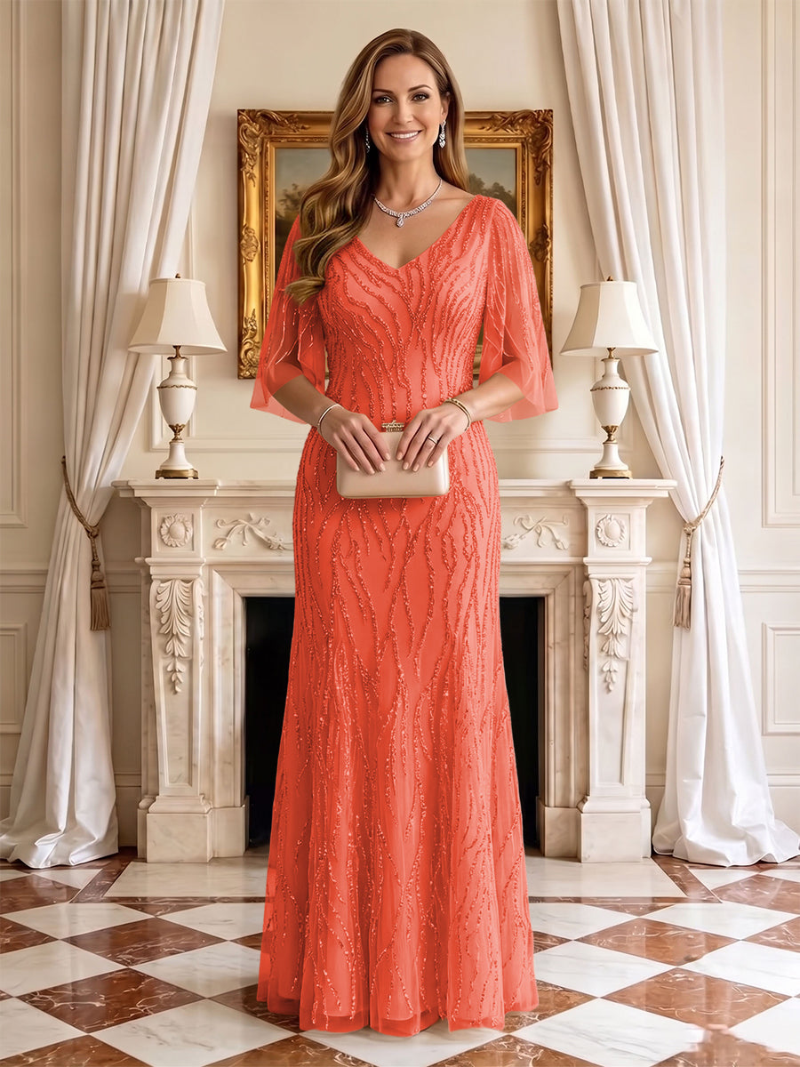 Sequin Mermaid V Neck Half Sleeves Mother of the Bride Dresses