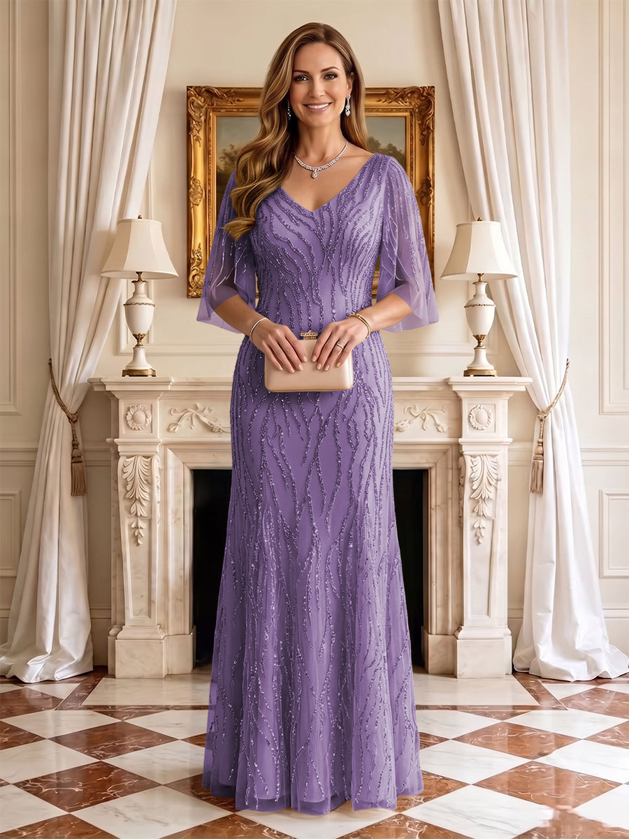 Sequin Mermaid V Neck Half Sleeves Mother of the Bride Dresses