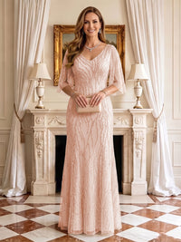 Sequin Mermaid V Neck Half Sleeves Mother of the Bride Dresses