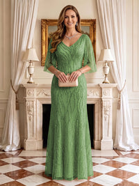 Sequin Mermaid V Neck Half Sleeves Mother of the Bride Dresses