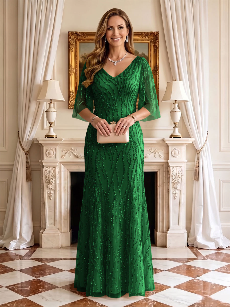 Sequin Mermaid V Neck Half Sleeves Mother of the Bride Dresses