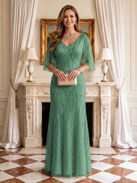 Sequin Mermaid V Neck Half Sleeves Mother of the Bride Dresses