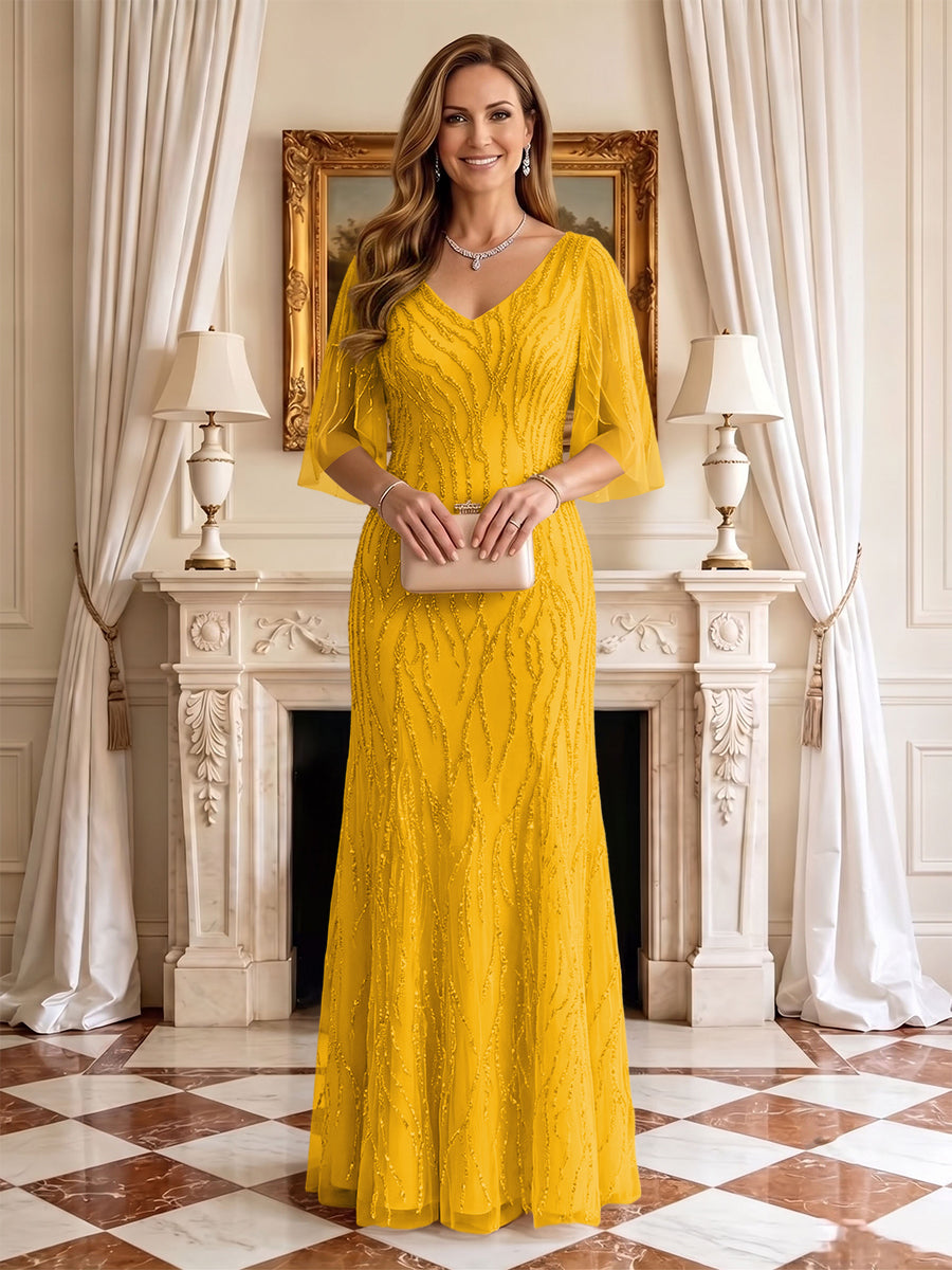Sequin Mermaid V Neck Half Sleeves Mother of the Bride Dresses