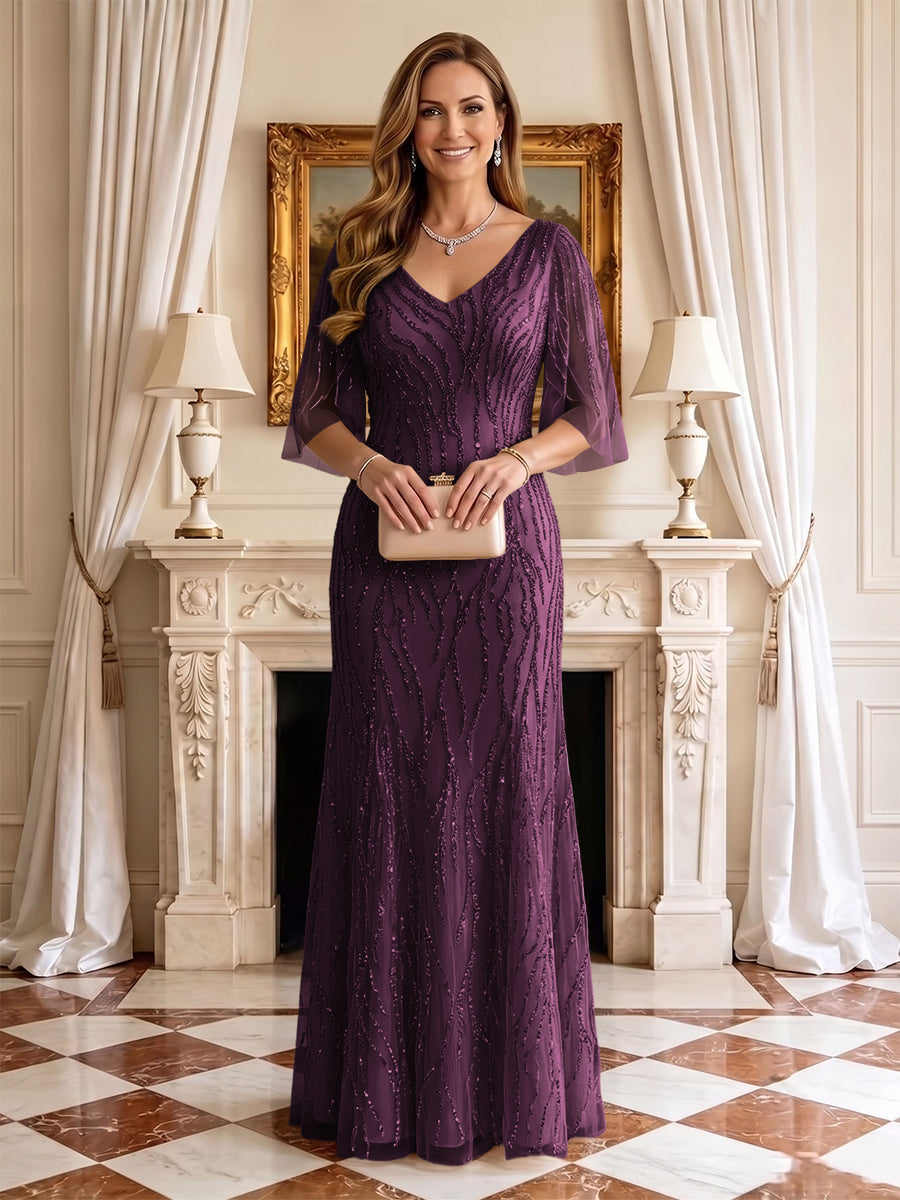 Sequin Mermaid V Neck Half Sleeves Mother of the Bride Dresses
