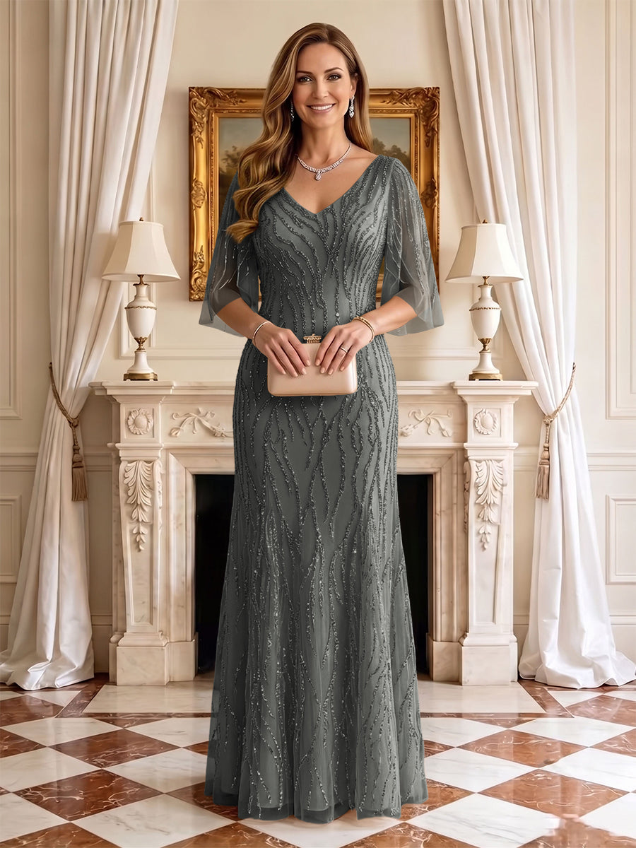 Sequin Mermaid V Neck Half Sleeves Mother of the Bride Dresses