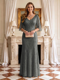 Sequin Mermaid V Neck Half Sleeves Mother of the Bride Dresses
