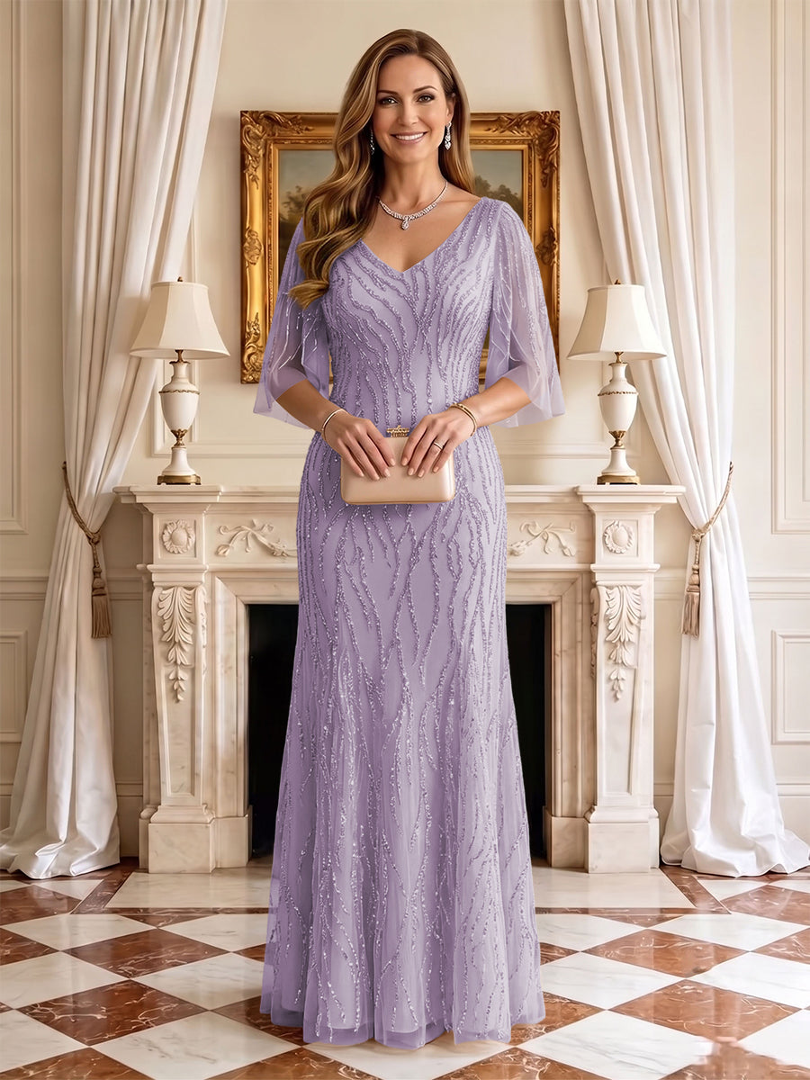 Sequin Mermaid V Neck Half Sleeves Mother of the Bride Dresses