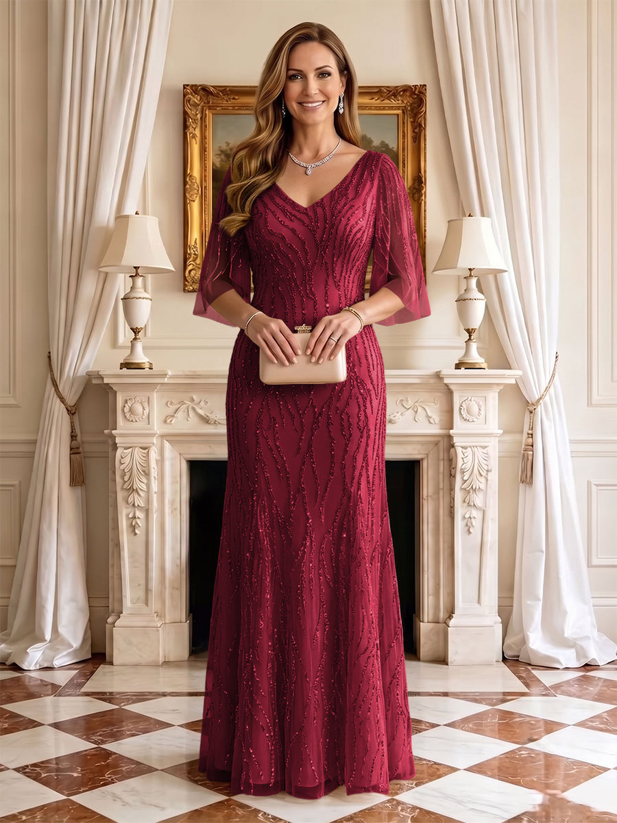Sequin Mermaid V Neck Half Sleeves Mother of the Bride Dresses