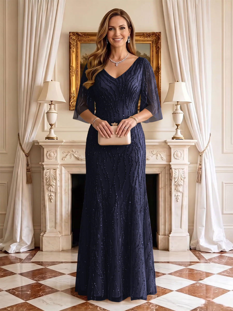 Sequin Mermaid V Neck Half Sleeves Mother of the Bride Dresses