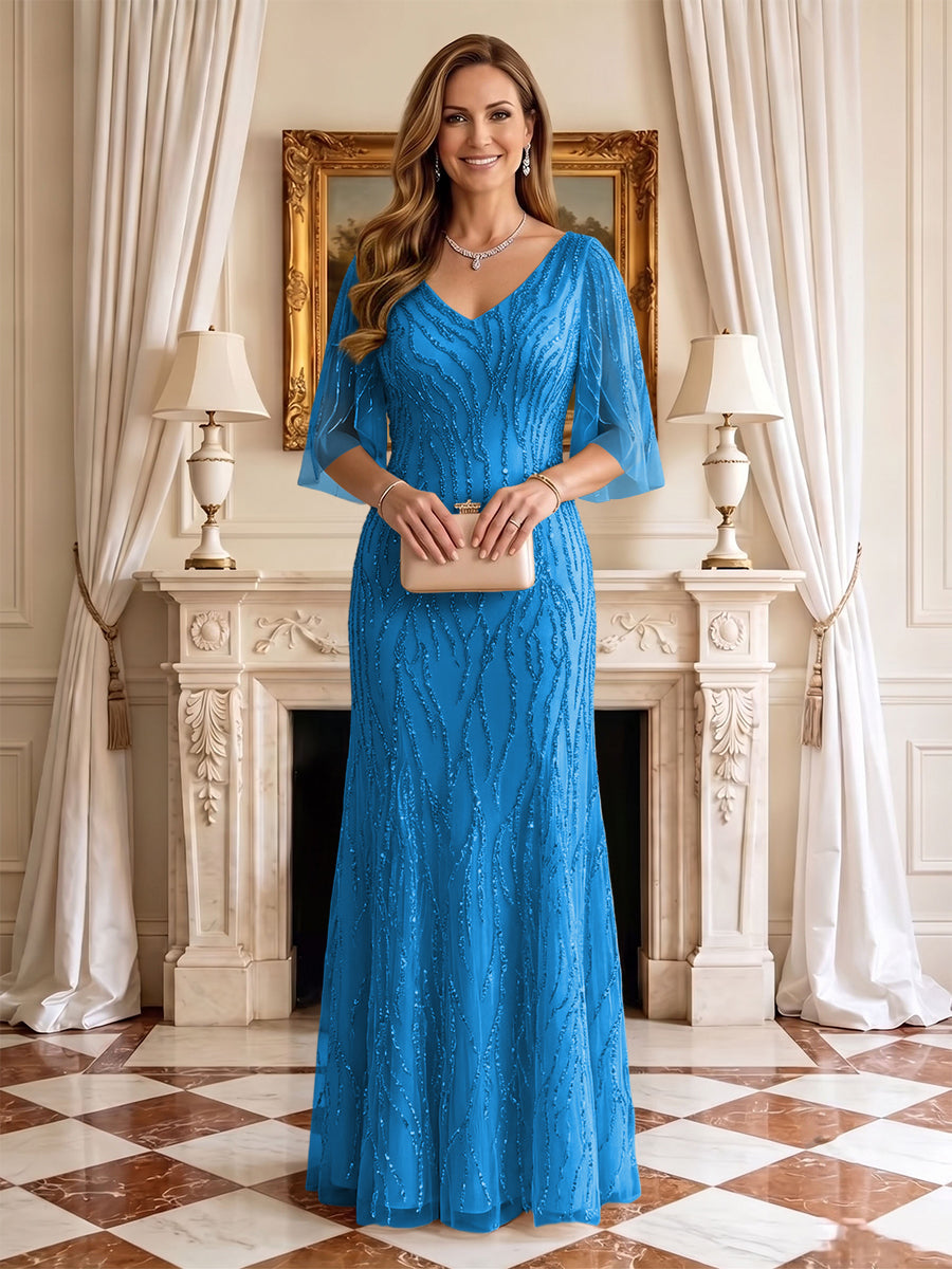 Sequin Mermaid V Neck Half Sleeves Mother of the Bride Dresses