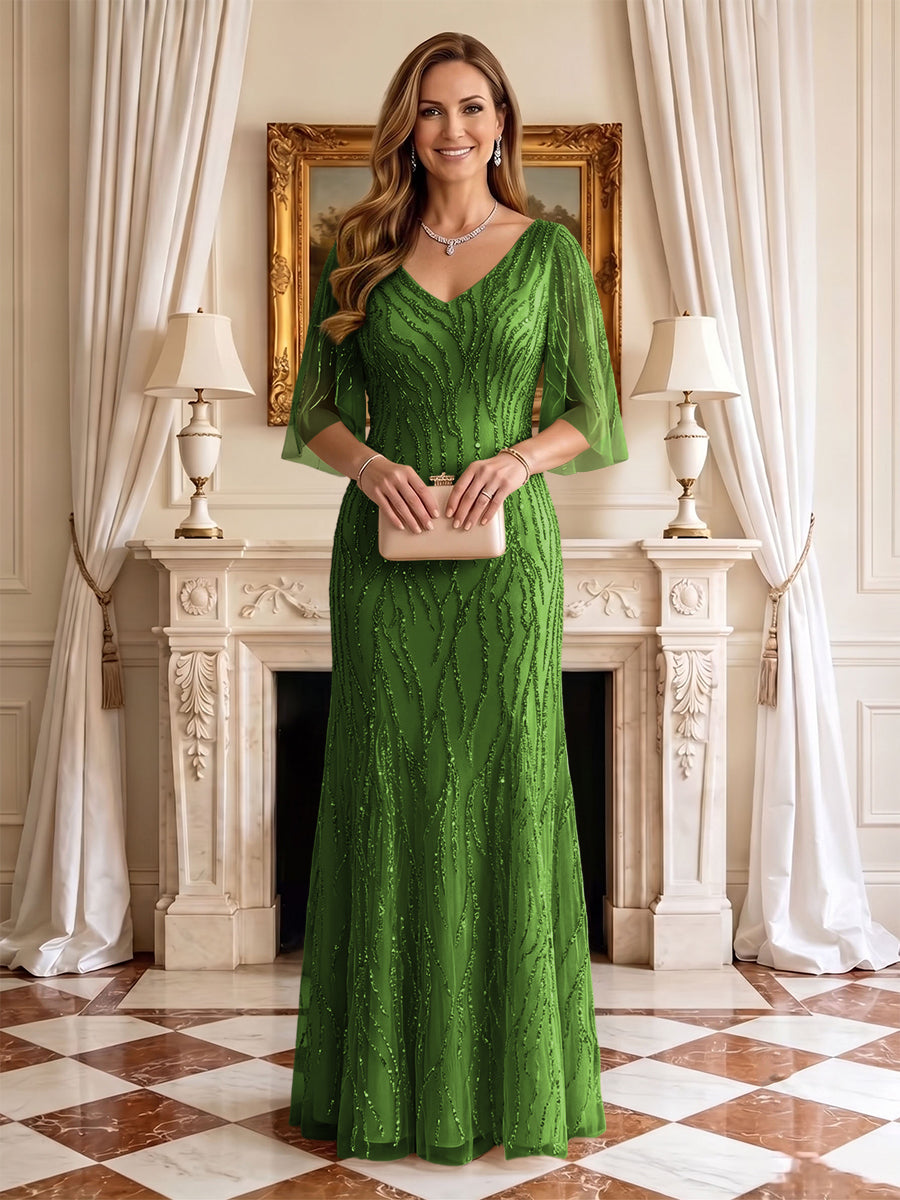 Sequin Mermaid V Neck Half Sleeves Mother of the Bride Dresses