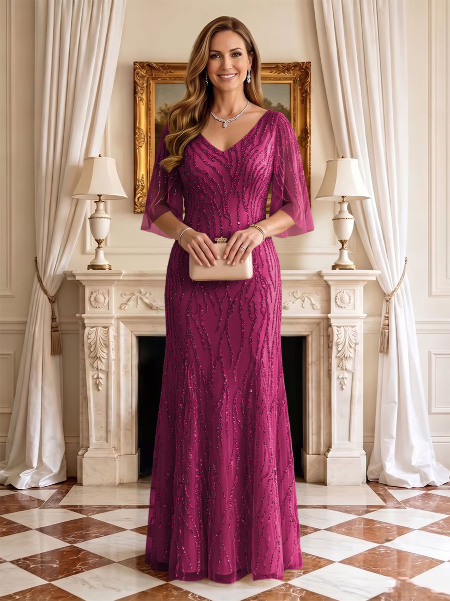 Sequin Mermaid V Neck Half Sleeves Mother of the Bride Dresses