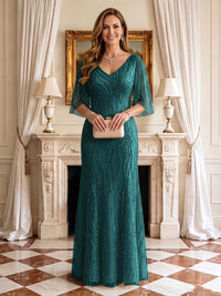 Sequin Mermaid V Neck Half Sleeves Mother of the Bride Dresses
