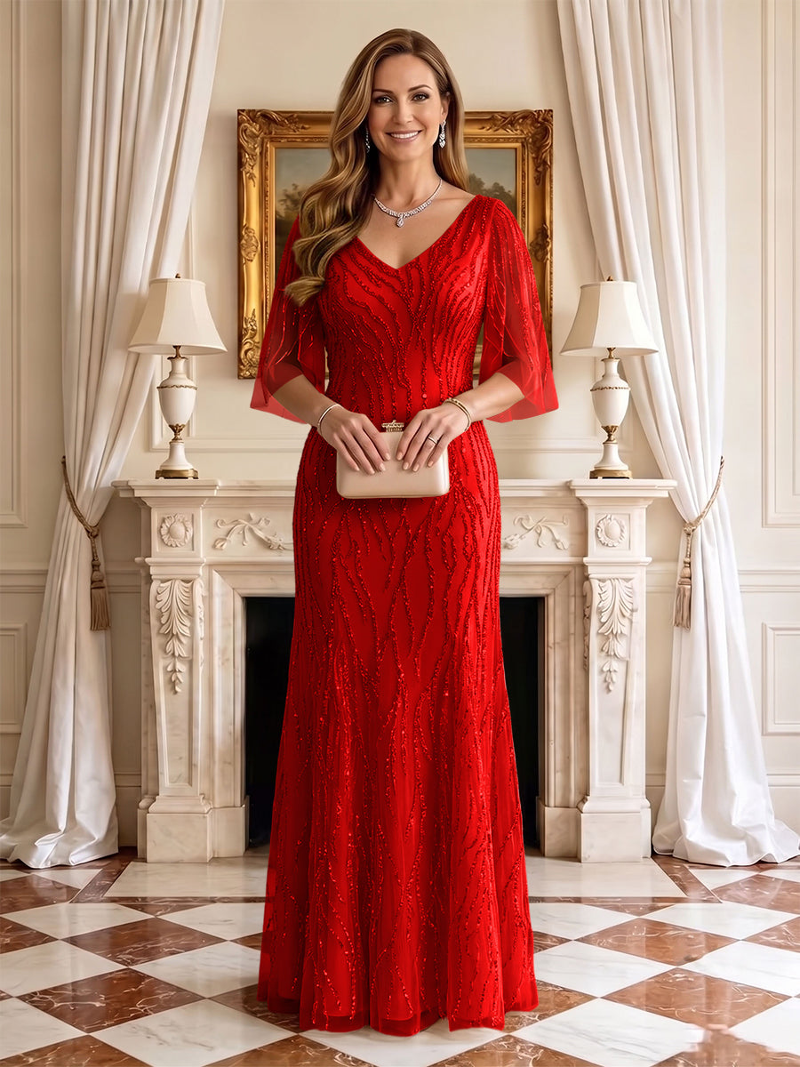 Sequin Mermaid V Neck Half Sleeves Mother of the Bride Dresses