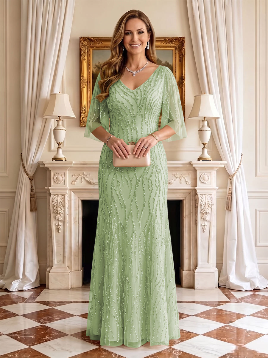 Sequin Mermaid V Neck Half Sleeves Mother of the Bride Dresses