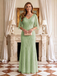 Sequin Mermaid V Neck Half Sleeves Mother of the Bride Dresses