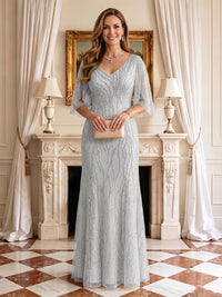 Sequin Mermaid V Neck Half Sleeves Mother of the Bride Dresses