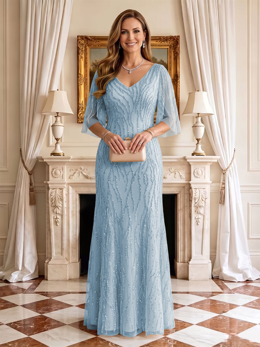 Sequin Mermaid V Neck Half Sleeves Mother of the Bride Dresses