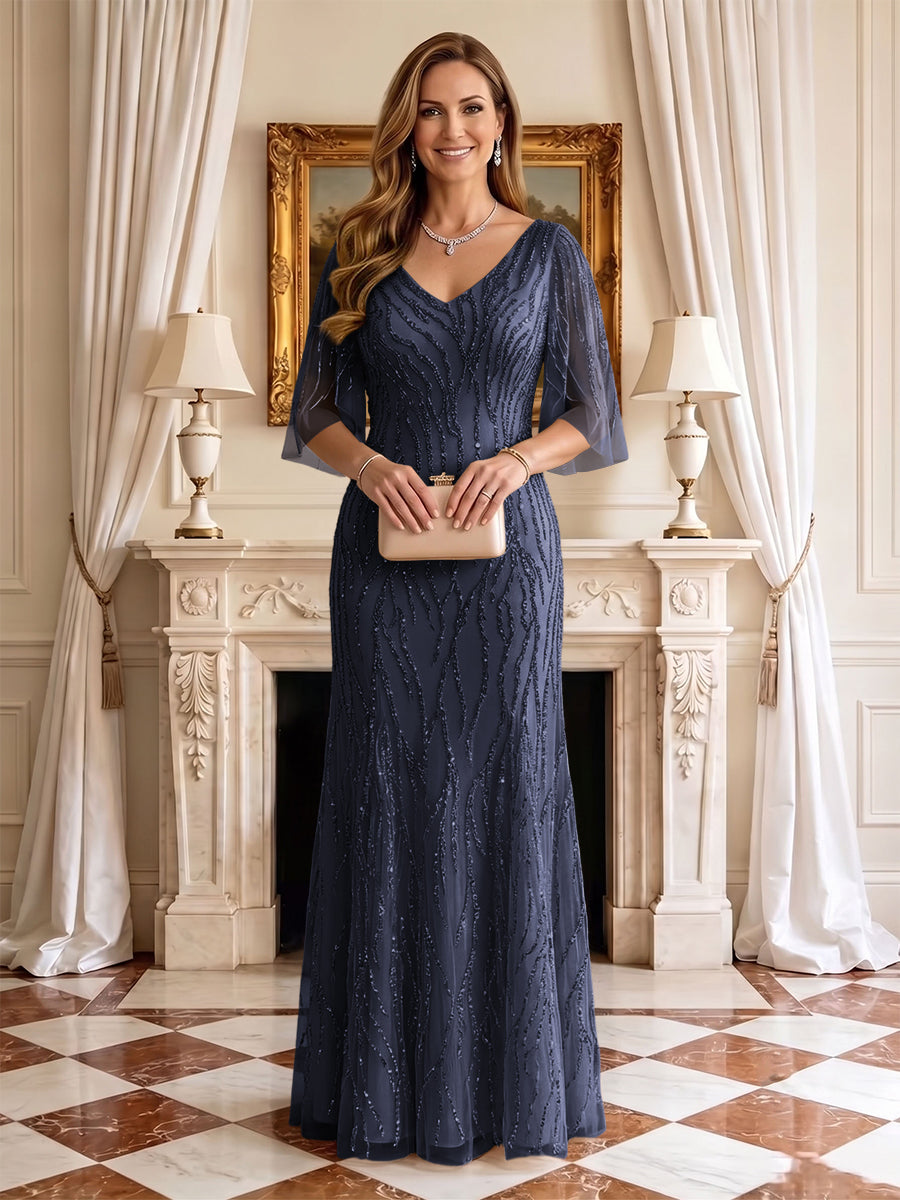 Sequin Mermaid V Neck Half Sleeves Mother of the Bride Dresses
