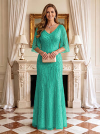 Sequin Mermaid V Neck Half Sleeves Mother of the Bride Dresses