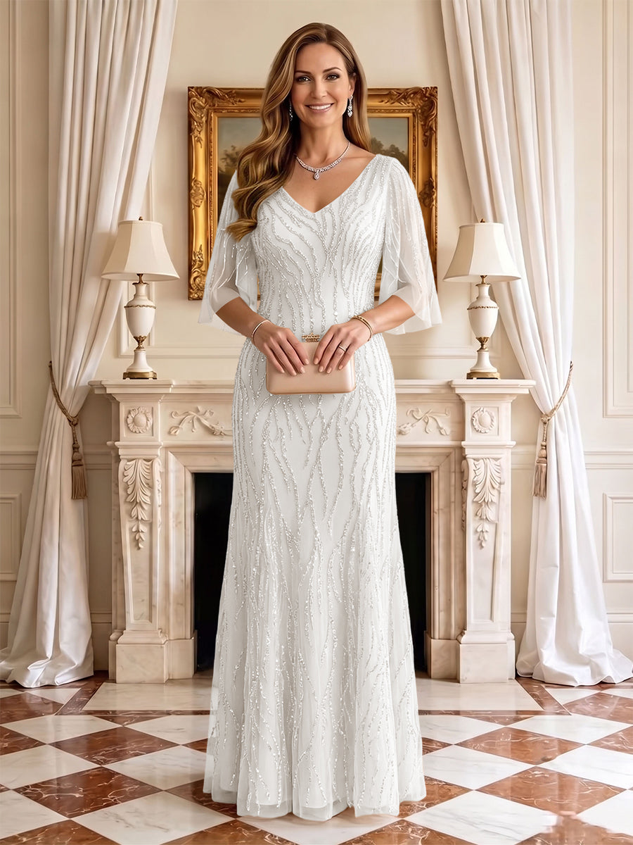 Sequin Mermaid V Neck Half Sleeves Mother of the Bride Dresses