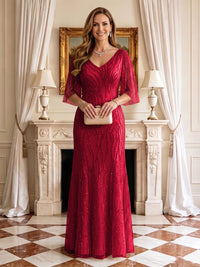 Sequin Mermaid V Neck Half Sleeves Mother of the Bride Dresses