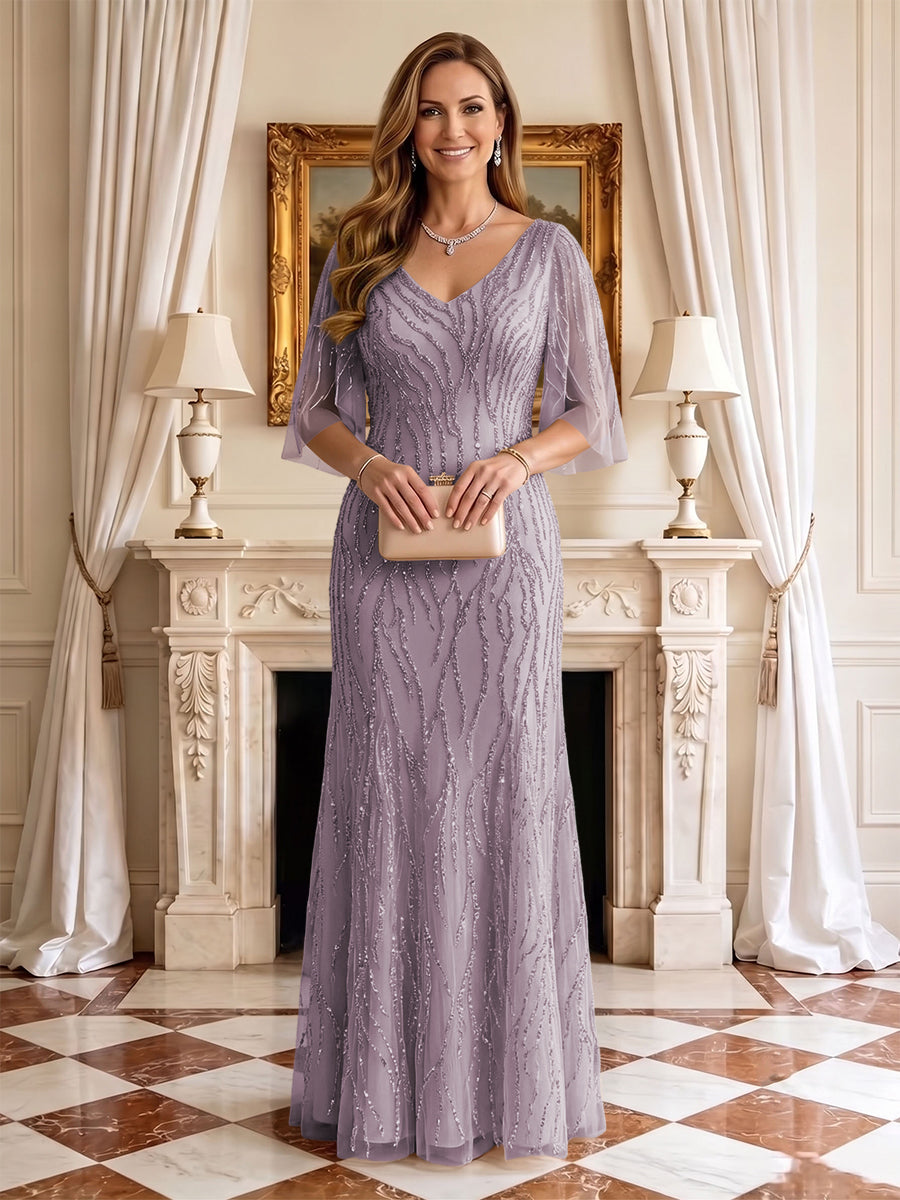 Sequin Mermaid V Neck Half Sleeves Mother of the Bride Dresses