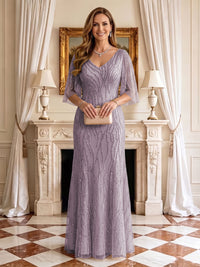 Sequin Mermaid V Neck Half Sleeves Mother of the Bride Dresses