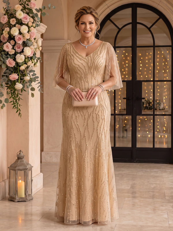 Sequin Plus Size Mermaid V Neck Half Sleeves Mother of the Bride Dresses