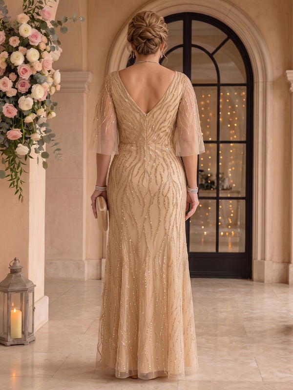 Sequin Plus Size Mermaid V Neck Half Sleeves Mother of the Bride Dresses