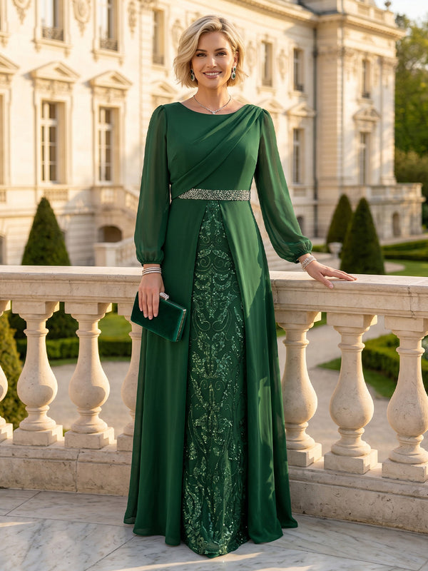 A Line Round Neck Long Sleeves Mother of the Bride Dresses with Belt