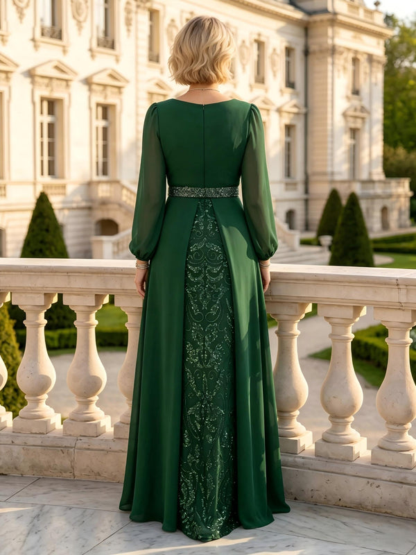 A Line Round Neck Long Sleeves Mother of the Bride Dresses with Belt