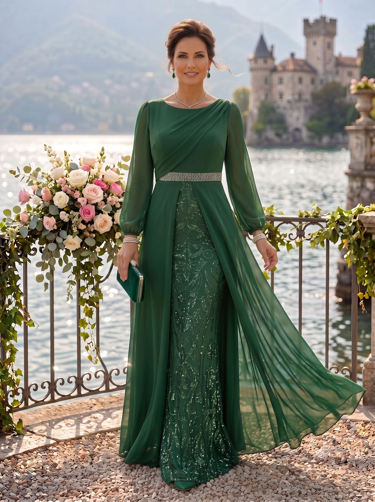 A Line Round Neck Long Sleeves Mother of the Bride Dresses with Belt