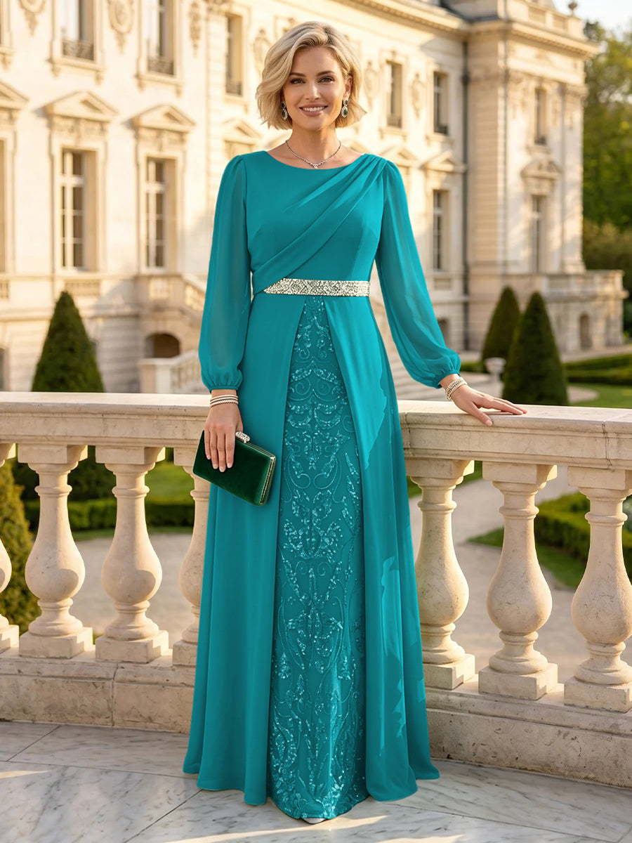 A Line Round Neck Long Sleeves Mother of the Bride Dresses with Belt