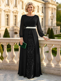 A Line Round Neck Long Sleeves Mother of the Bride Dresses with Belt